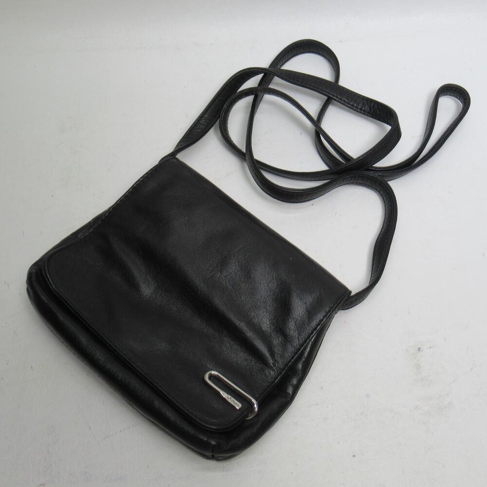 Vtg DKNY Crossbody Handbag Small Black Leather Paper Clip Purse Pouch Logo Bag